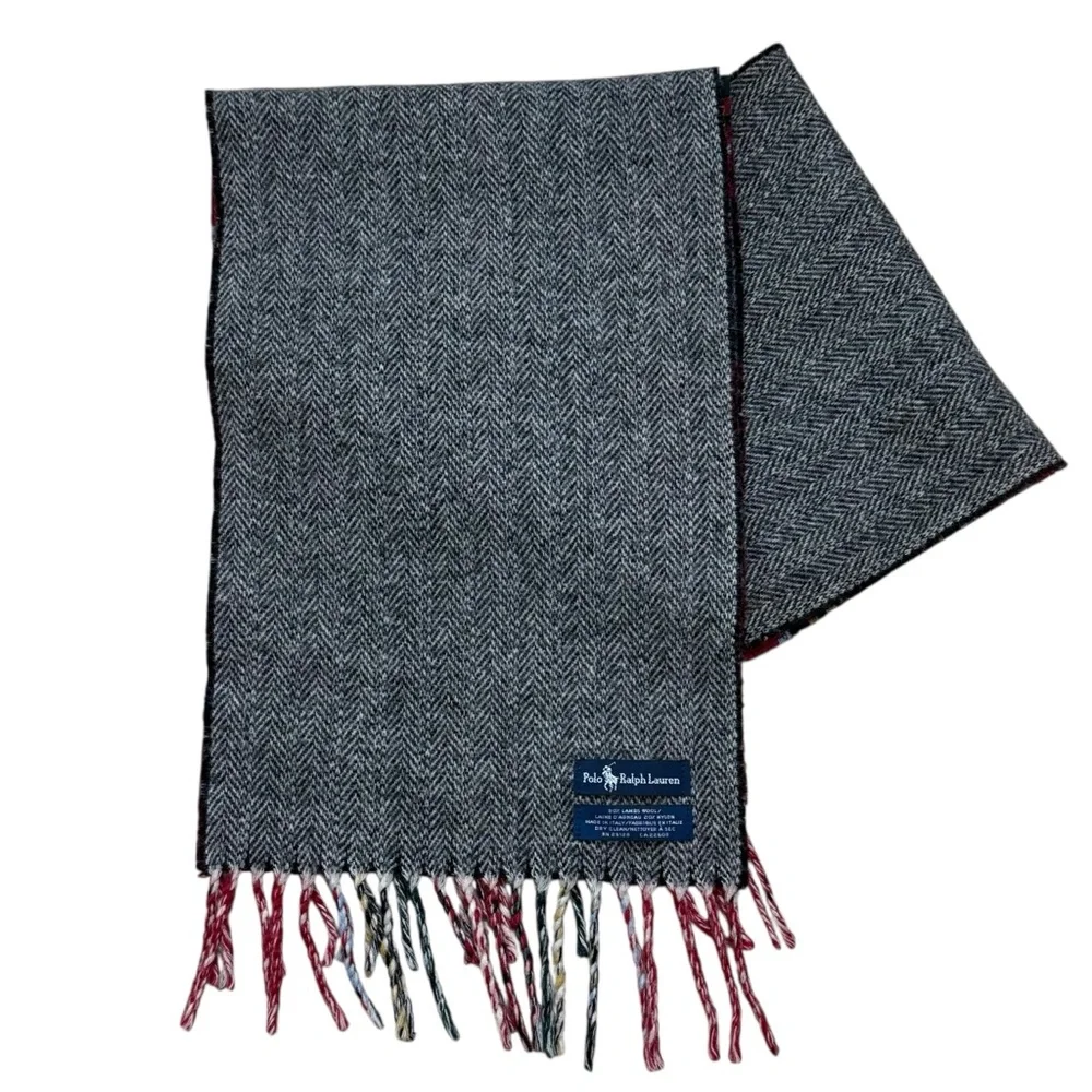 Polo Ralph Lauren 80% Lambswool Reversible Scarf Herringbone Tartan Plaid Fringe